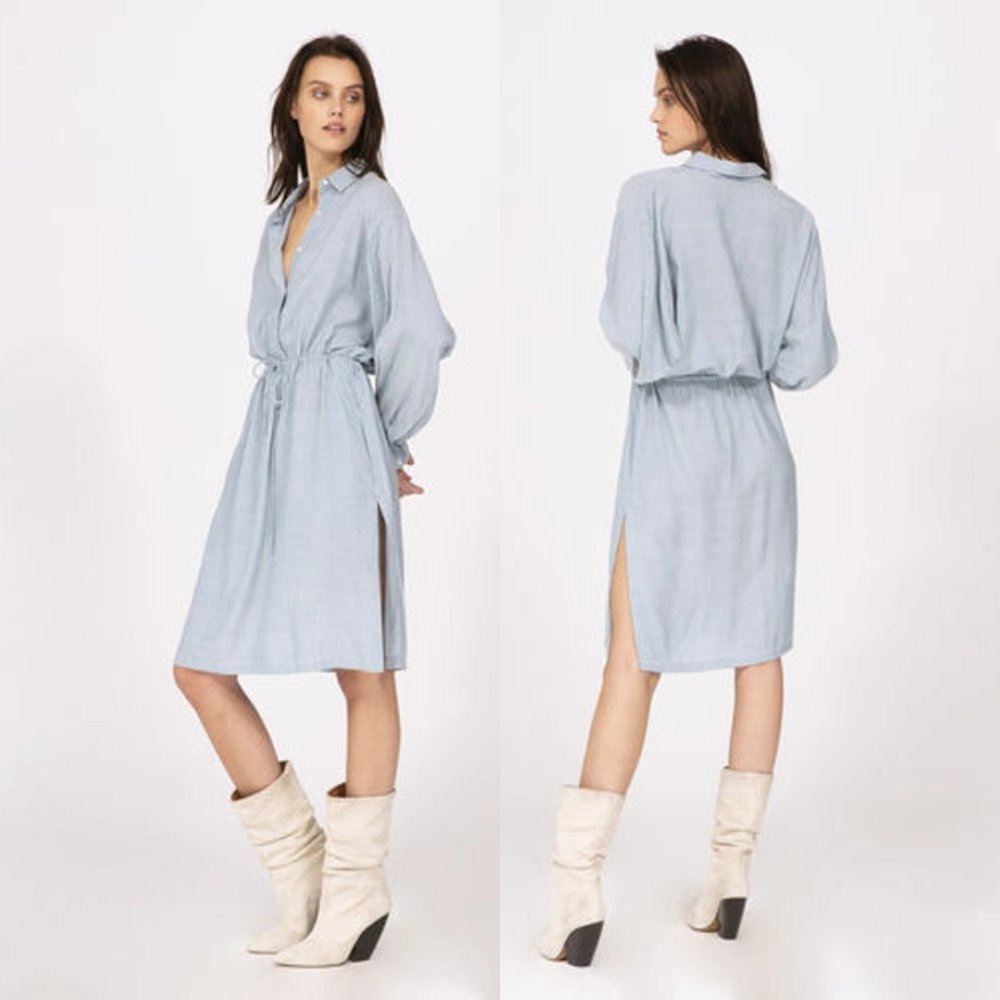 Iro Markala Shirt Dress Sz 42 Blue and White Stripes Side Slit Button-Up